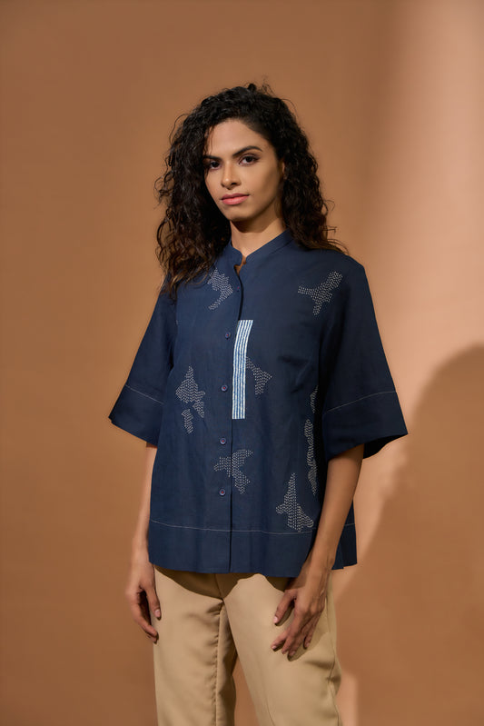 Boxy top with shatter embroidery & linear patch applique