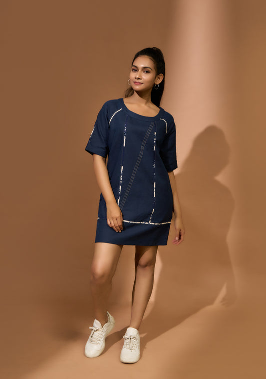 Shift dress in navy with crackle print piping & kantha at seams