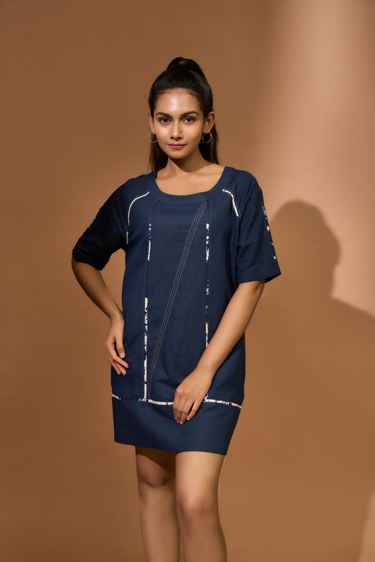 Shift dress in navy with crackle print piping & kantha at seams