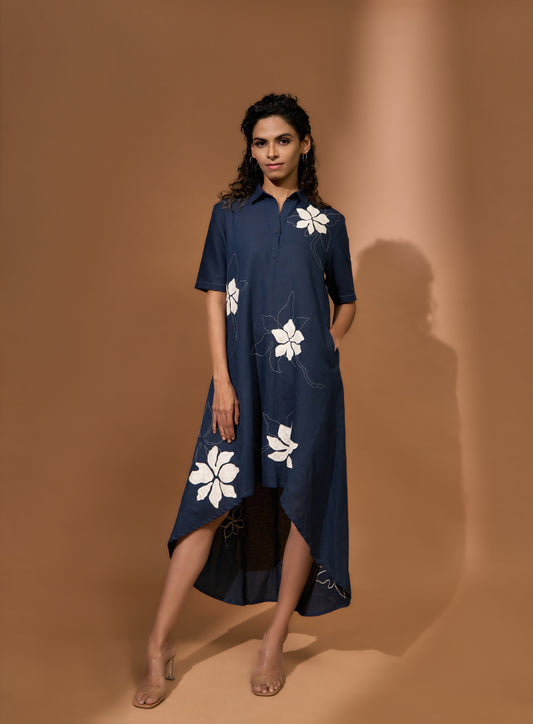 Mullet dress with floral patch applique and kantha embroidery