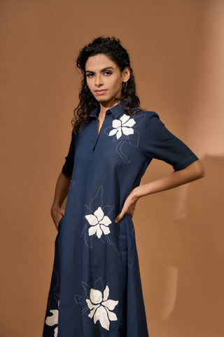 Mullet dress with floral patch applique and kantha embroidery