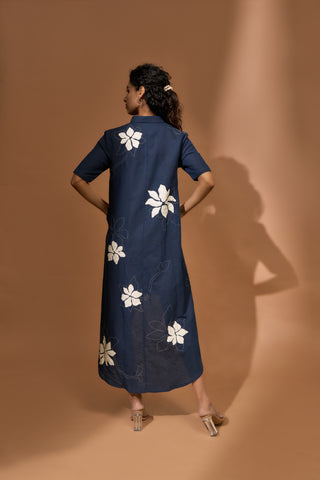 Mullet dress with floral patch applique and kantha embroidery