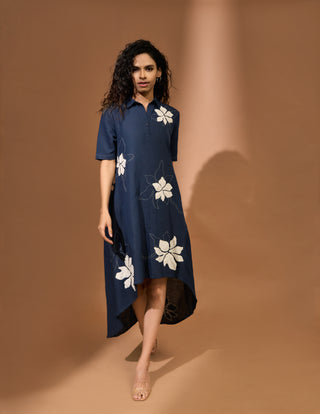 Mullet dress with floral patch applique and kantha embroidery