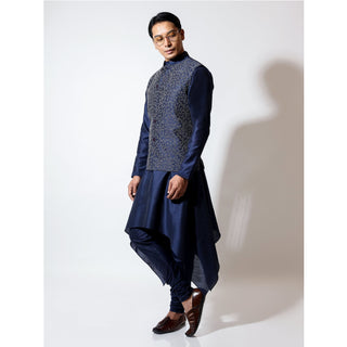 Sleeveless bandi with tonal couching embroidery layered over handkerchief hem kurta