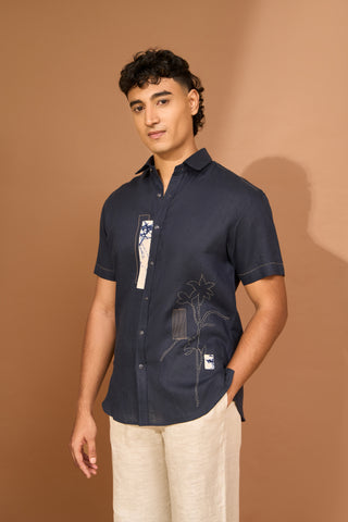 Short sleeve shirt with patch applique and floral kantha