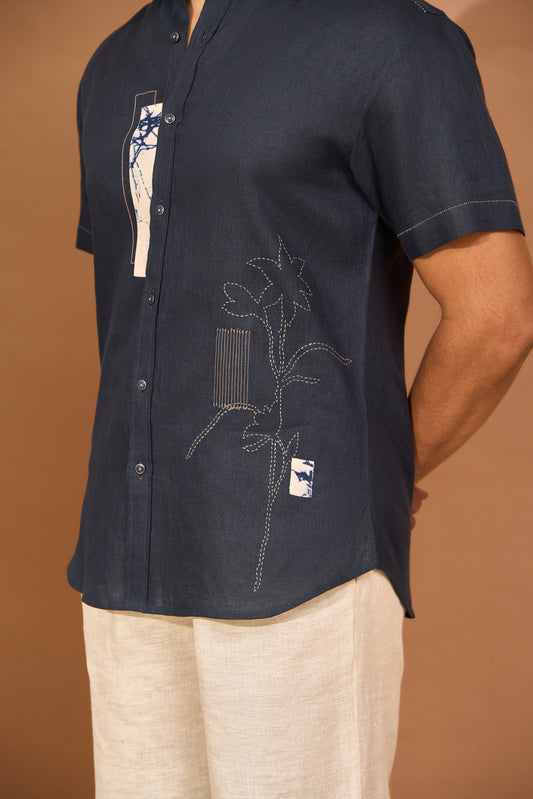 Short sleeve shirt with patch applique and floral kantha