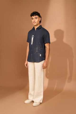 Short sleeve shirt with patch applique and floral kantha