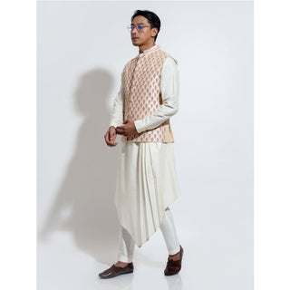 Sleeveless bandi with linear motif couching embroidery layered over assymetric hem kurta