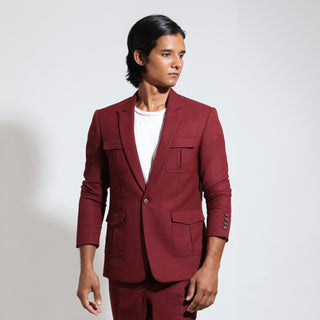 Peak lapel jacket with patch pocket and flatfront trouser