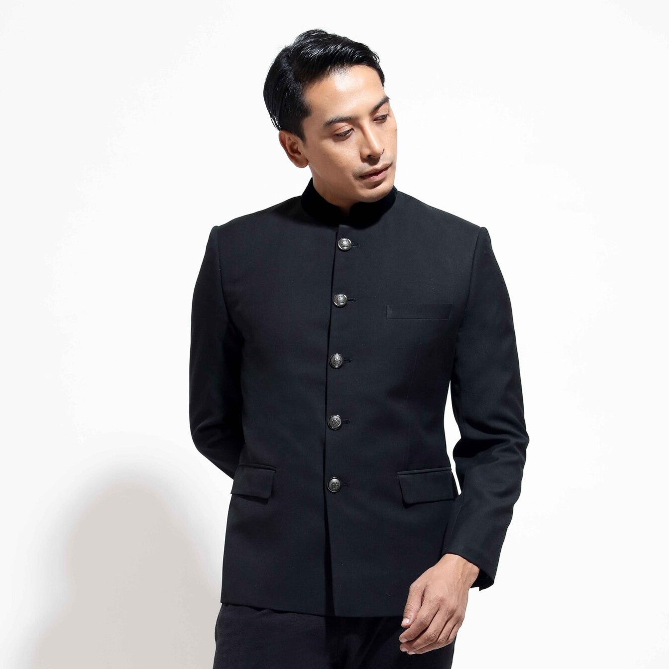 Classic Bandhgala with velvet collar – Vivek Karunakaran