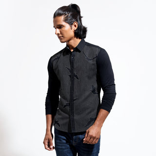 Long sleeve shirt with topstitch creating bird emb and jersey sleeves