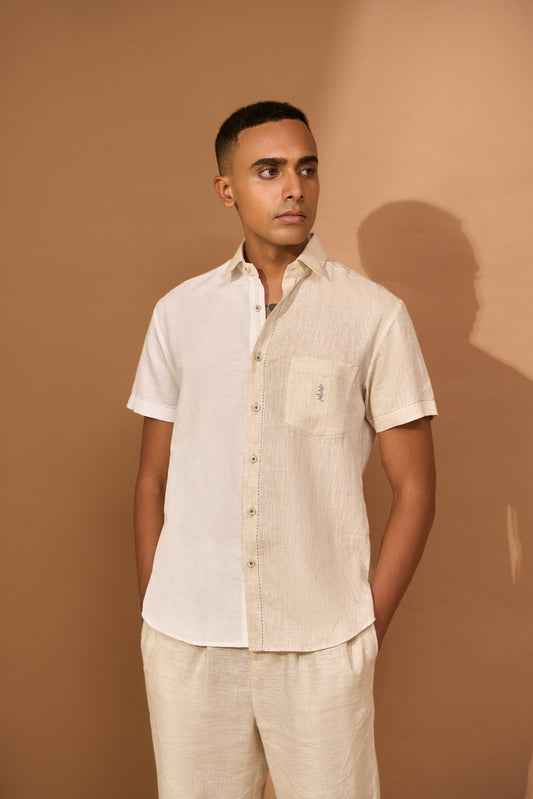 Short sleeve color block shirt with darn stitch detail in indigo