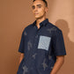 Short sleeve boxy shirt in indigo with patch pocket in indigo stripe