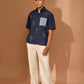 Short sleeve boxy shirt in indigo with patch pocket in indigo stripe