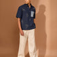 Short sleeve boxy shirt in indigo with patch pocket in indigo stripe