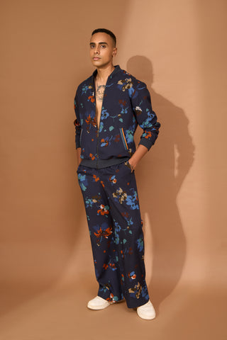 Bomber in abstract floral print with contrast rib at collar and hem