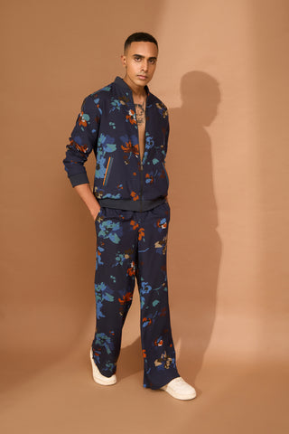 Bomber in abstract floral print with contrast rib at collar and hem