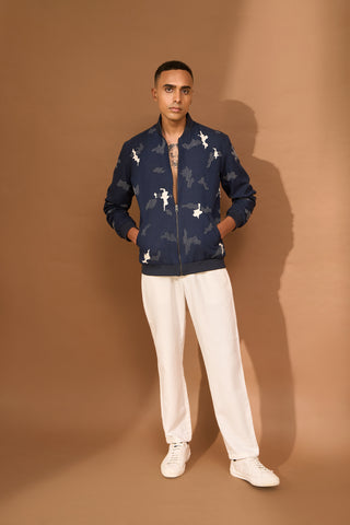 Bomber in indigo with cutwork and kantha shatter embroidery