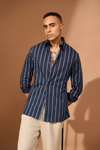 Shaket in navy grey double stripe with kantha stitch on pocket edges