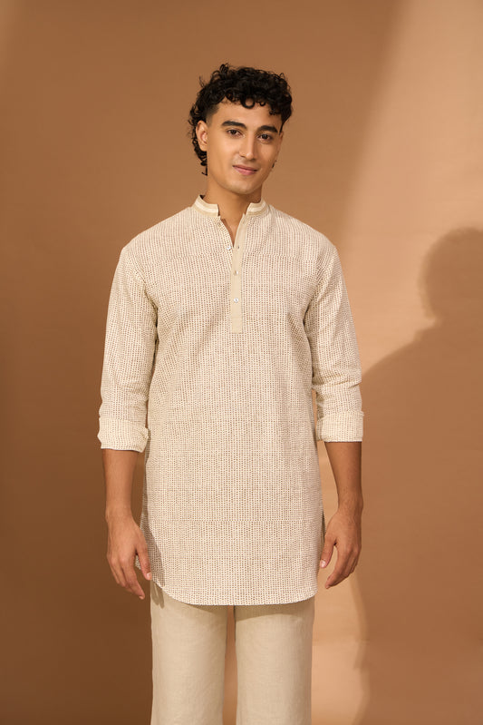 Pathan kurta in biscuit smudge print with detail on placket