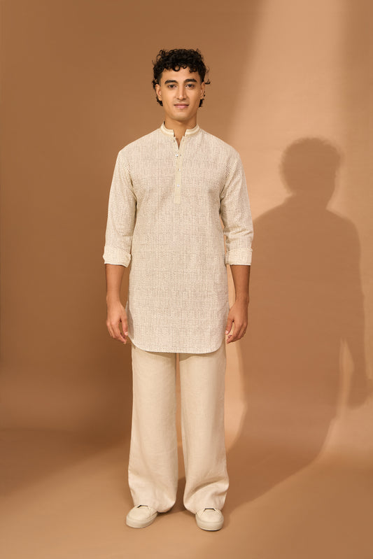 Pathan kurta in biscuit smudge print with detail on placket