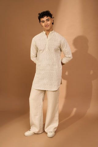 Pathan kurta in biscuit smudge print with detail on placket