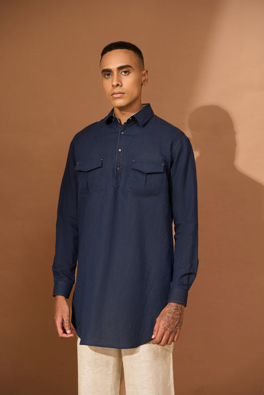 Pathan kurta with kantha stitch at seams & bartack on pockets