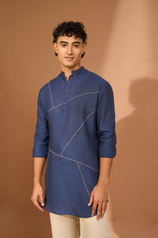 Pathan kurta in indigo linen with abstract bandhni embroidery lines