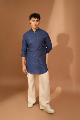 Pathan kurta in indigo linen with abstract bandhni embroidery lines