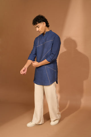 Pathan kurta in indigo linen with abstract bandhni embroidery lines