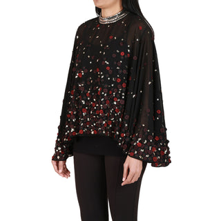 Cape with floral applique and metallic sequin embroidery